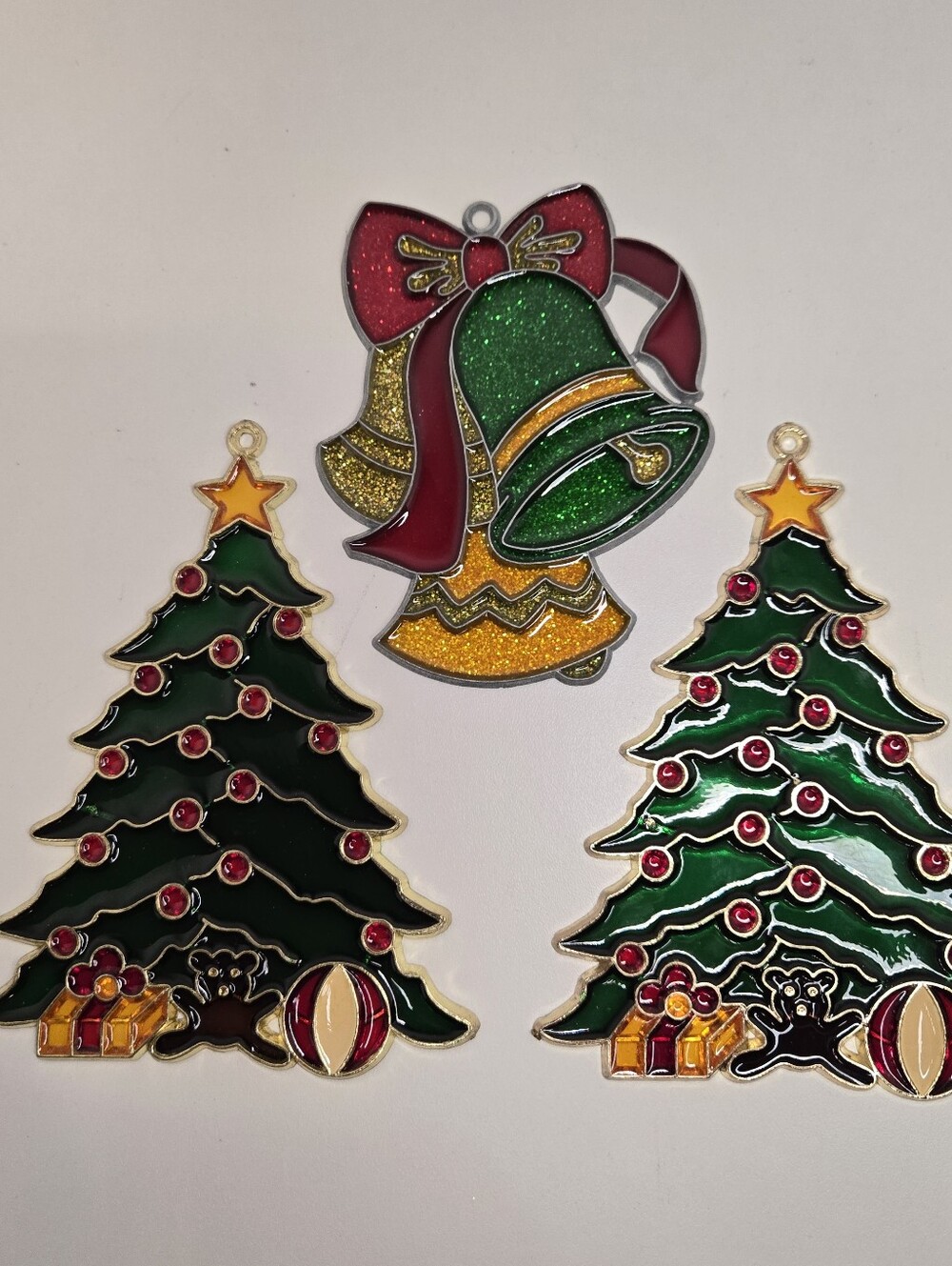 Vintage Retro Faux Stained Glass Christmas Suncatcher Ornaments, Set of 3 Large